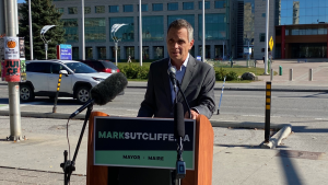 Mark Sutcliffe announces his fiscal plan across the street from Ottawa City Hall. Oct. 5, 2022. (Leah Larocque/CTV News Ottawa)