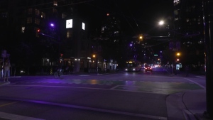 Purple street lights seen in downtown Vancouver, B.C.