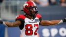 Calgary Stampeders' Malik Henry (82) celebrates his touchdown against the Winnipeg Blue Bombers during the first half CFL action in Winnipeg Thursday, August 25, 2022. THE (CANADIAN PRESS/John Woods)