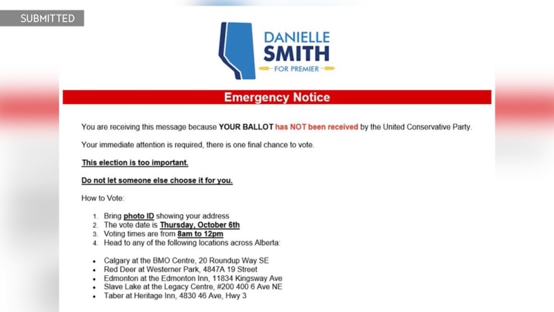 An email from the Danielle Smith leadership campaign claims to be an 'emergency notice' to the person that their ballot has not been received by the UCP.