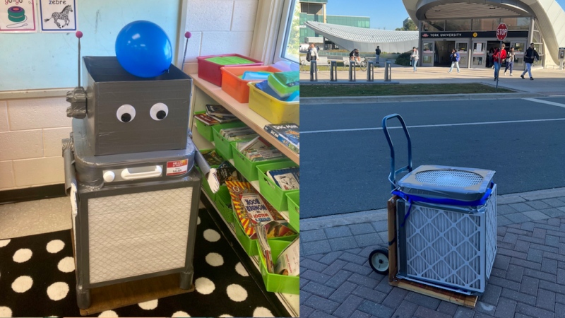 The Corsi-Rosenthal Box is a DIY air purifier. Some are making theirs kid-friendly by adding unique design elements, while others are getting creative in how to transport them from office to class. (left: @roofeo24 on Twitter, right: James Andrew Smith)