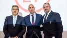 Portuguese Soccer Federation President Fernando Gomes, left, President of the Spanish Royal Federation of Soccer (RFEF), Luis Rubiales, center, Ukrainian Football Federation President Andriy Pavelko, right, stand together during a press conference about the announcing that Ukraine is joining Spain and Portugal in their joint bid to host the World Cup in 2030, at the UEFA Headquarters, in Nyon, Switzerland, Wednesday, October 5, 2022.