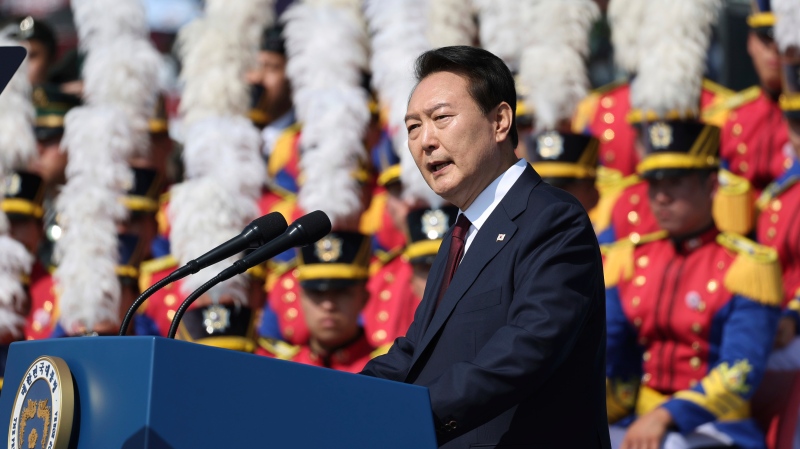 South Korean President Yoon Suk Yeol speaks during the 74th anniversary of Armed Forces Day at the Gyeryong military headquarters in Gyeryong, South Korea, Saturday, Oct. 1, 2022. (Suh Myung-geon/Yonhap via AP)