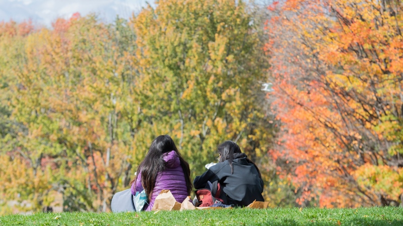 People are shown on Mount Royal on a mild fall day in Montreal, Sunday, Oct. 17, 2021. THE CANADIAN PRESS/Graham Hughes
