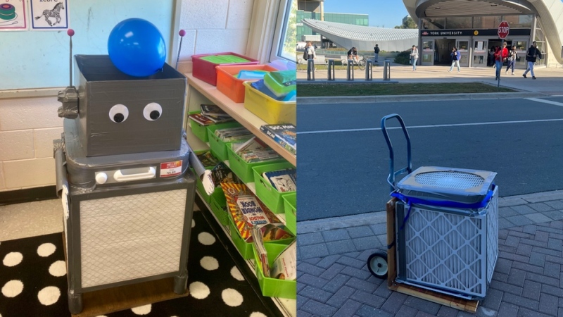 The Corsi-Rosenthal Box is a DIY air purifier. Some are making theirs kid-friendly by adding unique design elements, while others are getting creative in how to transport them from office to class. (left: @roofeo24 on Twitter, right: James Andrew Smith)