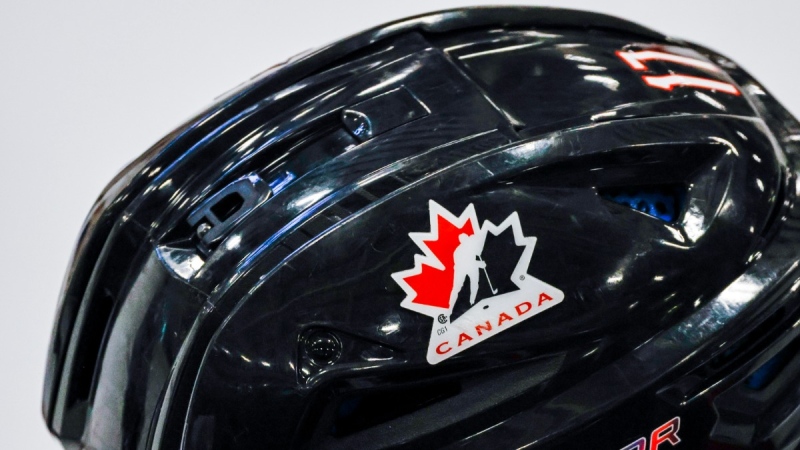 A Hockey Canada logo on the helmet of a national junior team player during a training camp practice in Calgary, on Aug. 2, 2022. (Jeff McIntosh / THE CANADIAN PRESS)