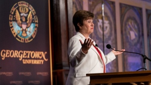 International Monetary Fund Managing Director Kristalina Georgieva speaks at Georgetown University in Washington, on Oct. 6, 2022. (J. Scott Applewhite / AP)
