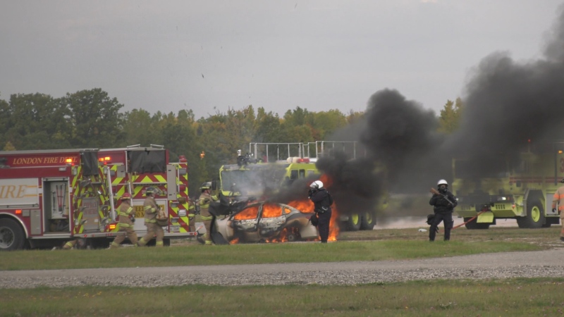Vehicle fire is part of a training exercise at London International Airport in London, Ont. on Thursday, Oct. 6, 2022. (Gerry Dewan/CTV News London)