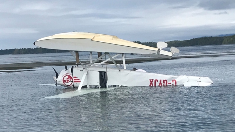 The floatplane is pictured after the 2021 crash near Tofino, B.C. (RCMP/TSB)