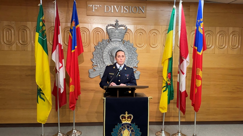 RCMP Assistant Commissioner Rhonda Blackmore speaks to media at F Division HQ in Regina. (Gareth Dillistone/CTV News) 