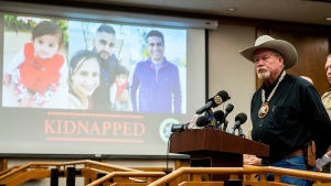 Merced County Sheriff Vern Warnke speaks at a news conference about the kidnapping of 8-month-old Aroohi Dheri, her mother Jasleen Kaur, her father Jasdeep Singh, and her uncle Amandeep Singh, in Merced, Calif., on Wednesday, Oct. 5, 2022. (Andrew Kuhn/The Merced Sun-Star via AP) 