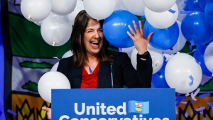 Danielle Smith celebrates after being chosen as the new leader of the United Conservative Party and next Alberta premier in Calgary, Alta., Thursday, Oct. 6, 2022.THE CANADIAN PRESS/Jeff McIntosh 