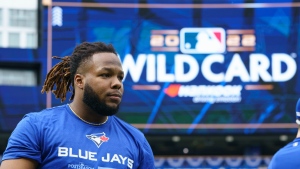 Toronto Blue Jays infielder Vladimir Guerrero Jr. (27) is photographed before practice, ahead of the team's wildcard series matchup against the Seattle Mariners in Toronto, Thursday, Oct. 6, 2022. THE CANADIAN PRESS/Alex Lupul