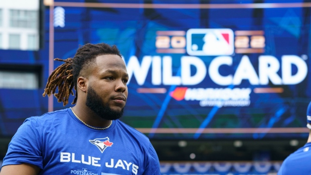 Toronto Blue Jays infielder Vladimir Guerrero Jr. (27) is photographed before practice, ahead of the team's wildcard series matchup against the Seattle Mariners in Toronto, Thursday, Oct. 6, 2022. THE CANADIAN PRESS/Alex Lupul