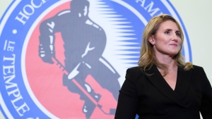 Hockey Hall of Fame inductee Hayley Wickenheiser walks on stage in Toronto on Friday, November 15, 2019. THE CANADIAN PRESS/Nathan Denette
