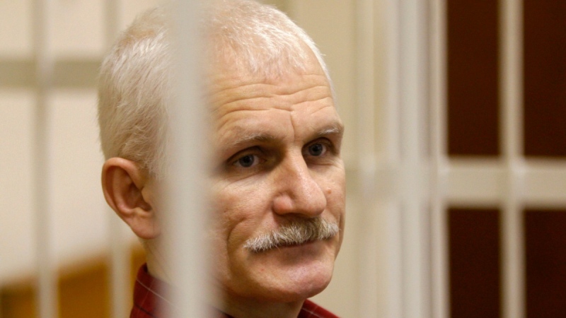 Ales Bialiatski in a defendants' cage during a court session in Minsk, Belarus, on Nov. 2, 2011. (Sergei Grits / AP)