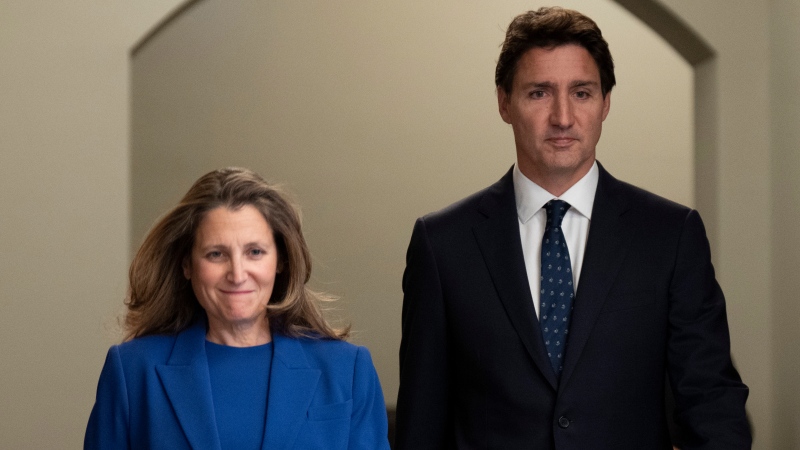 Prime Minister Justin Trudeau and Deputy Prime Minister and Finance Minister Chrystia Freeland announce sanctions on Iran, in Ottawa, Friday, Oct. 7, 2022. THE CANADIAN PRESS/Adrian Wyld