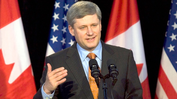 Prime Minister Stephen Harper addresses the crowd as he attends the opening of a new Canada-U.S.A. border crossing to Calais, Maine, in St. Stephen, N.B. on Friday, Jan. 8, 2010. (Andrew Vaughan / THE CANADIAN PRESS)