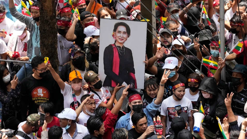 Poster in Bangkok rally depicts Aung San Suu Kyi