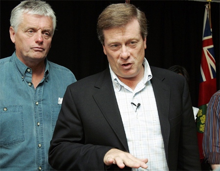 Ontario Progressive Conservative leader John Tory, right, with candidate Toby Barrett, MPP for Haldimand-Norfolk-Brant speaks in Caledonia, Ontario on Sunday, Sept. 23, 2007. (CP / Dave Chidley)
