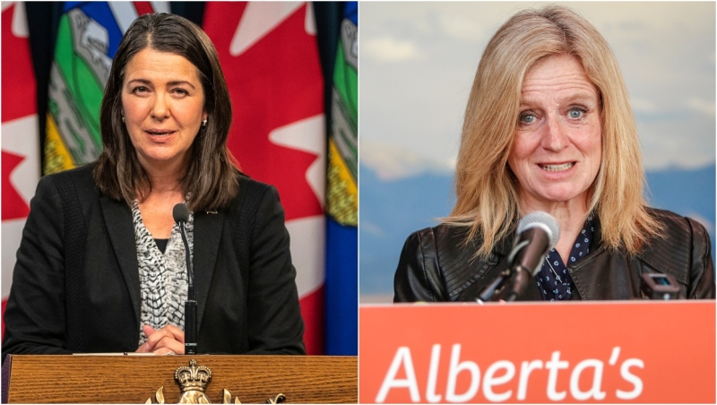 Alberta Premier Danielle Smith, left, holds her first press conference in Edmonton (THE CANADIAN PRESS/Jason Franson) --- and NDP Leader Rachel Notley, right, speaks at a news conference in Calgary (THE CANADIAN PRESS/Jeff McIntosh).