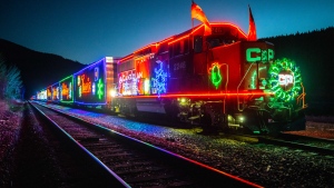 The Canadian Pacific (CP) Holiday Train chugging along the tracks. (CP Holiday Train)