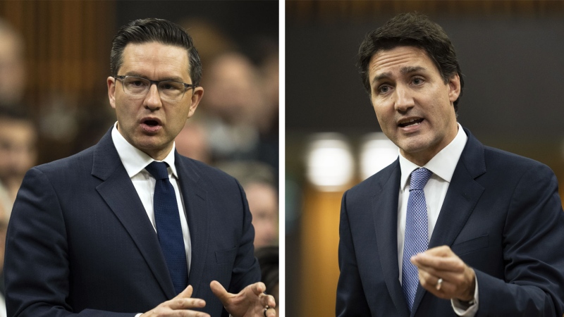 Prime Minister Justin Trudeau and Conservative leader Pierre Poilievre rise during Question Period, Tuesday, October 18, 2022 in Ottawa. THE CANADIAN PRESS/Adrian Wyld