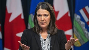 Alberta Premier Danielle Smith holds her first press conference in Edmonton, on Tuesday October 11, 2022. Alberta Premier Danielle Smith says she is apologizing for what she calls "ill-informed comments on Russia's invasion of Ukraine." THE CANADIAN PRESS/Jason Franson