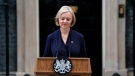 Britain's Prime Minister Liz Truss addresses the media in Downing Street in London, Thursday, Oct. 20, 2022. (Kirsty O'Connor/PA via AP)