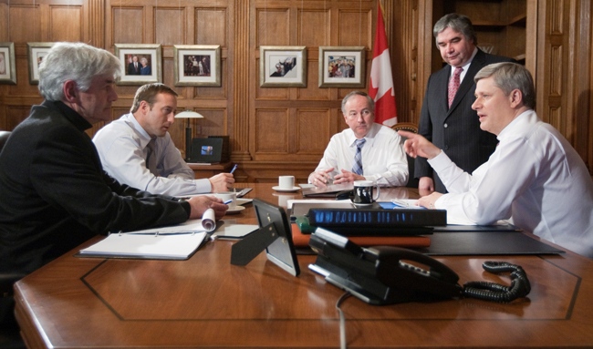 Prime Minister Stephen Harper receives a national security briefing from Public Safety Minister Peter Van Loan, Foreign Affairs Minister Lawrence Cannon, National Defence Minister Peter MacKay, Minister of Justice and Attorney General of Canada Rob Nicholson in this undated photo. (Deb Ransom / PMO)