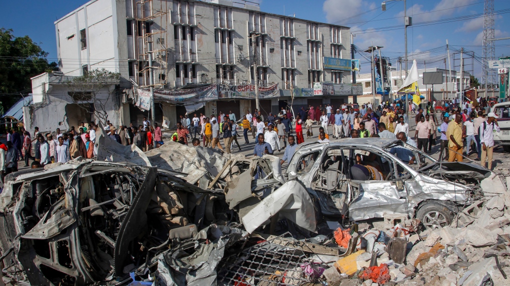 Aftermath of double car bomb attack in Somalia