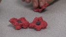 Two finished biodegradable poppies, after a couple days of drying out, as seen on Nov. 1, 2022. (Carlyle Fiset/CTV News London)