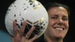 Canadian soccer player Christine Sinclair smiles during a media availability in Vancouver, B.C. on Tuesday, February 11, 2020. Sinclair reviews her distinguished soccer career and lays down a challenge for the future in her new memoir "Playing the Long Game." THE CANADIAN PRESS/Jonathan Hayward