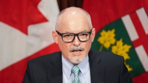 Dr. Kieran Moore, Ontario Chief Medical Officer of Health, speaks at a press conference at the legislature in Toronto on Monday, April 11, 2022. THE CANADIAN PRESS/Nathan Denette 