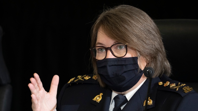 RCMP Commissioner Brenda Lucki responds to a question during testimony at the Public Order Emergency Commission, Tuesday, November 15, 2022 in Ottawa. THE CANADIAN PRESS/Adrian Wyld 