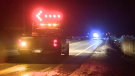 A crash on Route 104 in Farnham, Que. on Nov. 21, 2022 has left one man dead and a woman in the hospital. (Cosmo Santamaria/CTV News)