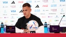 Joshua Kimmich of Germany speaks during the Germany Press Conference at the Main Media Center on Nov. 22, 2022 in Doha, Qatar. (Photo by FIFA/FIFA)