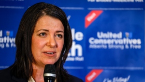 United Conservative Party Leader and Premier Danielle Smith celebrates her win in a by-election in Medicine Hat, Alta., Tuesday, Nov. 8, 2022.THE CANADIAN PRESS/Jeff McIntosh