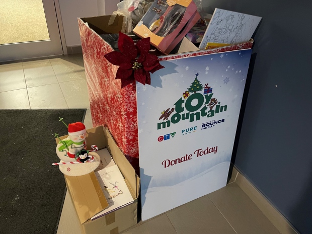 The CTV Barrie lobby donation box full of donations for another season of Toy Mountain.