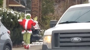 The Grinch can be seen walking down Jane Street on Nov. 19 in Toronto (Handout by Stephanie Rose)