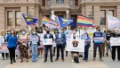 LGBTQ2S+ advocates, including Human Rights Campaign president Alfonso David and representatives from Equality Texas, the Transgender Education Network of Texas, Texas Freedom Network, ACLU of Texas, Lambda Legal, medical and health care professionals, and parents of transgender children rally at the Texas State Capitol on May 4, 2021, in Austin to stop proposed medical care ban legislation that would criminalize gender-affirming care. (Erich Schlegel/AP Images for Human Rights Campaign)