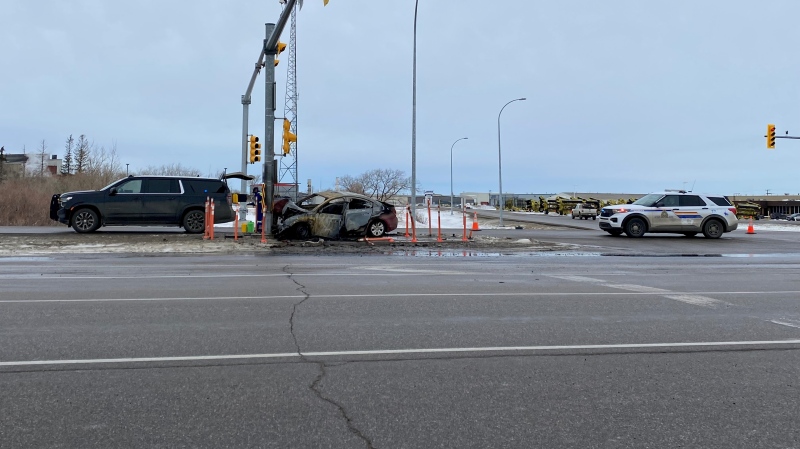RCMP on the scene of a single-vehicle collision at the intersection of Industrial Drive and Highway 6 on Nov. 25, 2022. (GarethDillistone/CTVNews) 