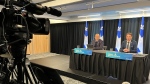 Christopher Skeete and Francois Bonnardel at a news conference on random police checks. (Ken Dow / CTV News Montreal)