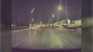 A screenshot from a dashcam video shows a meteor streaking across the sky in Winnipeg on Nov. 24, 2022 (Submitted photo: Akbo Rupasinghe)