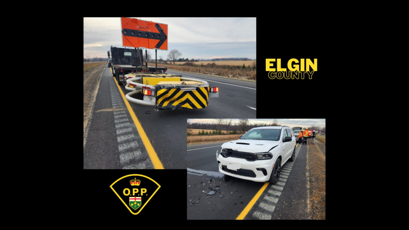 A graphic depicts the damage done after a passenger vehicle collided with a crash truck on Highway 401 near Dutton-Dunwich on Nov. 24, 2022. (Source: West Region OPP/Twitter)