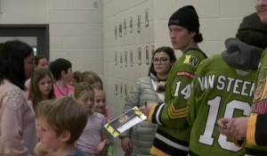 It's Bullying Awareness and Prevention Week in Ontario and the North Bay Battalion teamed up with a number of elementary schools in the city to spread the message. (Photo from video)