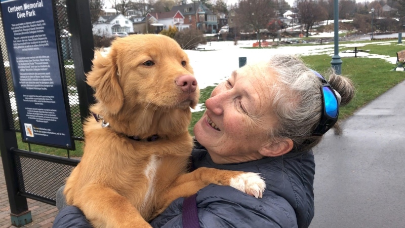 Helen Cooper with Flanker, after the Brockville resident rescued the puppy from the St. Lawrence River earlier this week. (Nate Vandermeer/CTV News Ottawa)