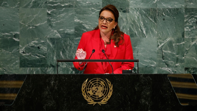 Honduras' President Xiomara Castro addresses the 77th session of the United Nations General Assembly at U.N. headquarters in New York, Sept. 20, 2022. Honduras became the second country in Central America to declare a state of emergency to fight gang crimes like extortion. Late Thursday, Nov. 24, Castro proposed a measure to limit constitutional rights so as to round up gang members. (AP Photo/Jason DeCrow, File)