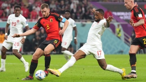 Canada forward Cyle Larin (17) loses the ball to Belgium defender Jan Vertonghen (5) during second half Group F World Cup soccer action at Ahmad bin Ali Stadium in Al Rayyan, Qatar, on Wednesday, Nov. 23, 2022. (THE CANADIAN PRESS/Nathan Denette)