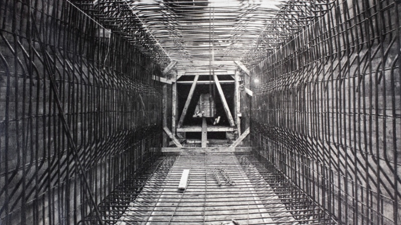 A look inside the tunnel as it is constructed underneath the Manitoba Legislature. (Source: Archives of Manitoba, Walter Fred Oldham fonds, Album showing views of Manitoba and construction projects including Main Street C.P.R. Subway, Legislative Building, and Eatons store, ca. 1914-1917, P8260/1.)